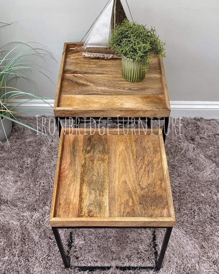 IMANT-001 Pair of square tray topped side tables in Mango wood from above