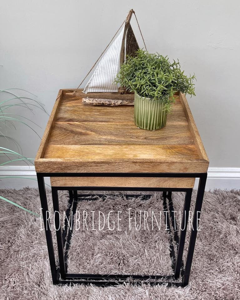IMANT-001 Pair of square tray topped side tables in Mango wood from the front