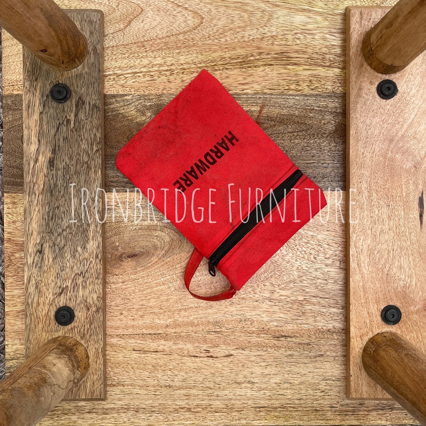 Mango wood 45cm square Parquet coffee table underside with fitting it