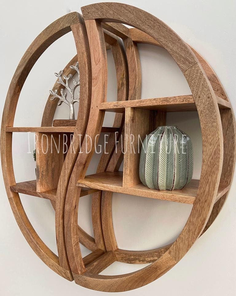 Yin Yang 75cm Floating Mango wood shelves at an angle