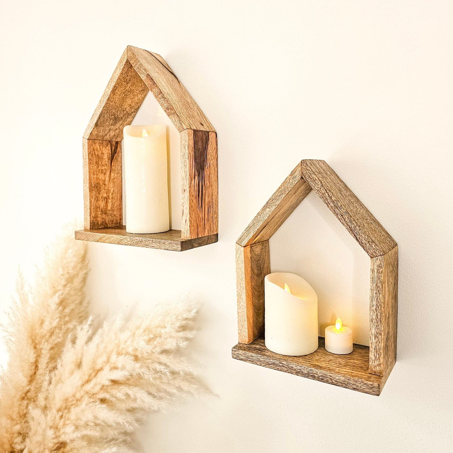 MANT-520 Set of 2 Mango wood house shaped wall shelves