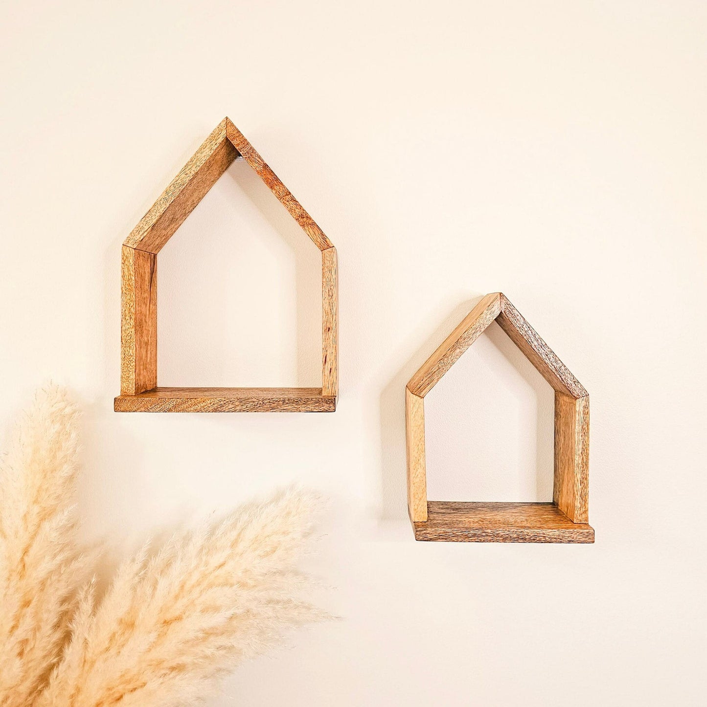 MANT-520 Set of 2 Mango wood house shaped wall shelves