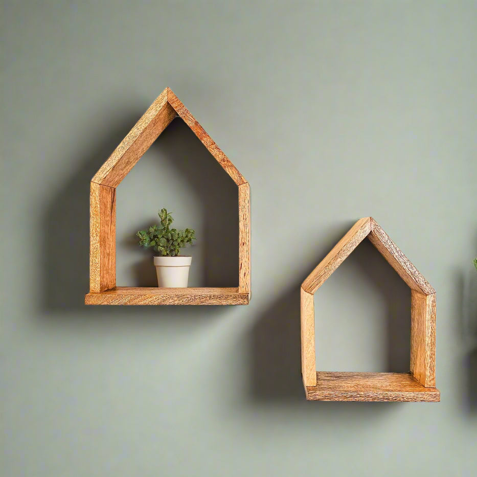 MANT-520 Set of 2 Mango wood house shaped wall shelves, plain shot