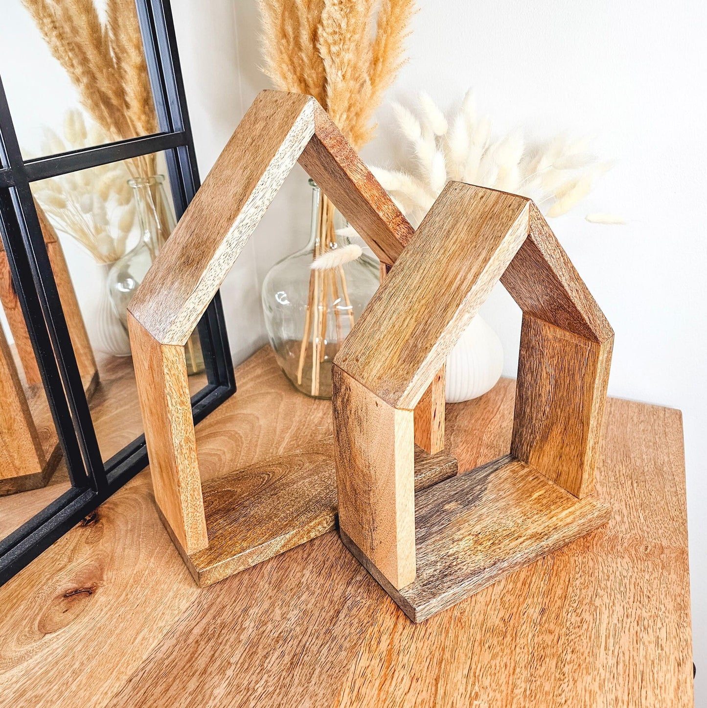 MANT-520 Set of 2 Mango wood house shaped wall shelves