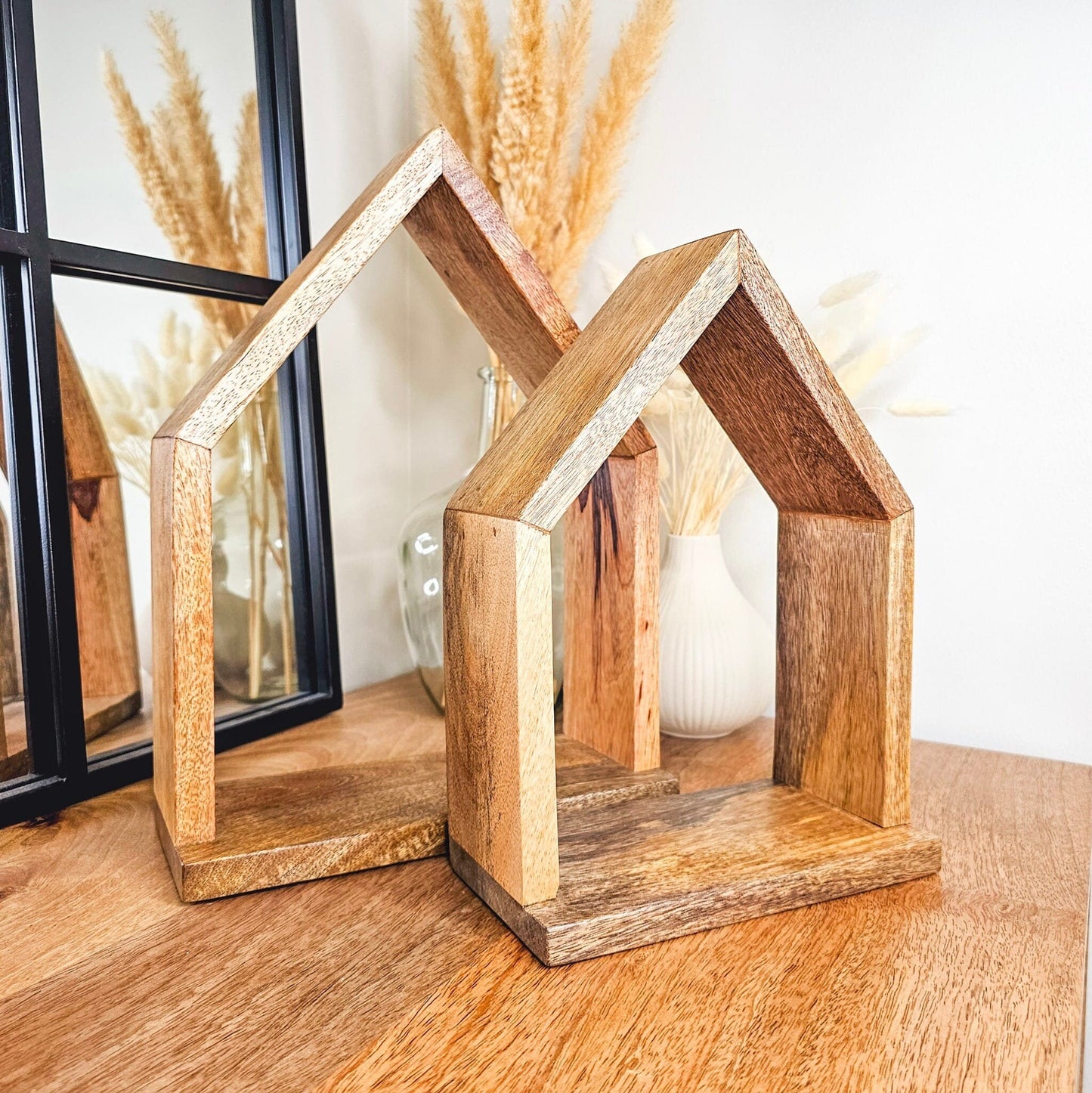 MANT-520 Set of 2 Mango wood house shaped wall shelves