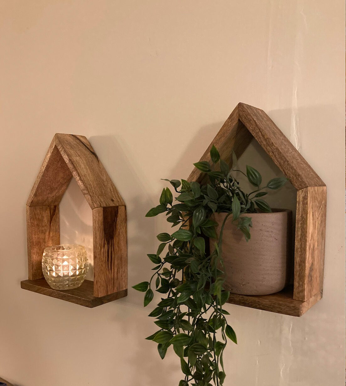 MANT-520 Set of 2 Mango wood house shaped wall shelves