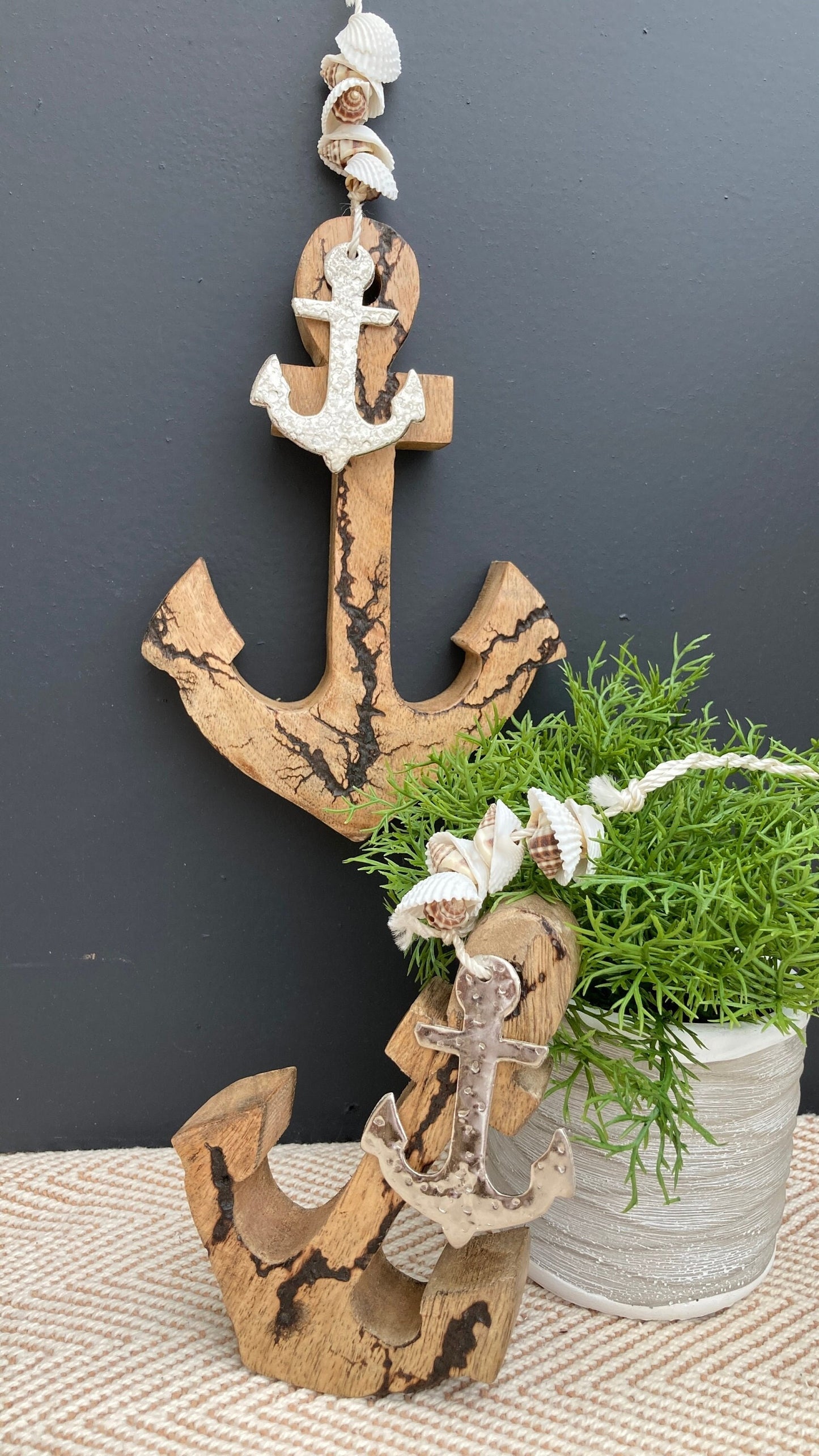 Set of 2 decorative hanging Mango Wood anchors. Both shown.
