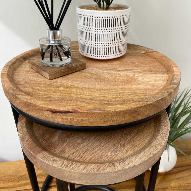 Nest of 2 Industrial style slim round side tables. Small table tucked under larger table.