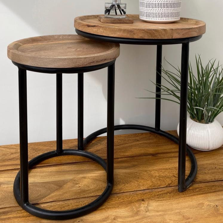 Nest of 2 Industrial style slim round side tables.
