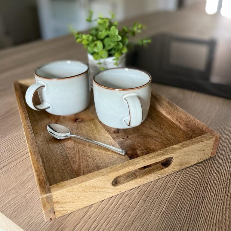 Mango wood straight edge tray with cut out handles. 35x25x4cm with two large cups