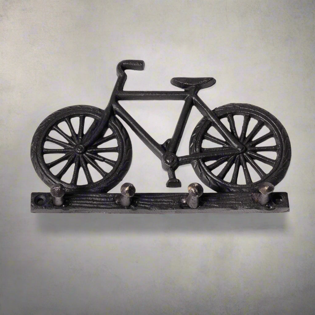 Black painted cast iron bike design set of hooks front view.