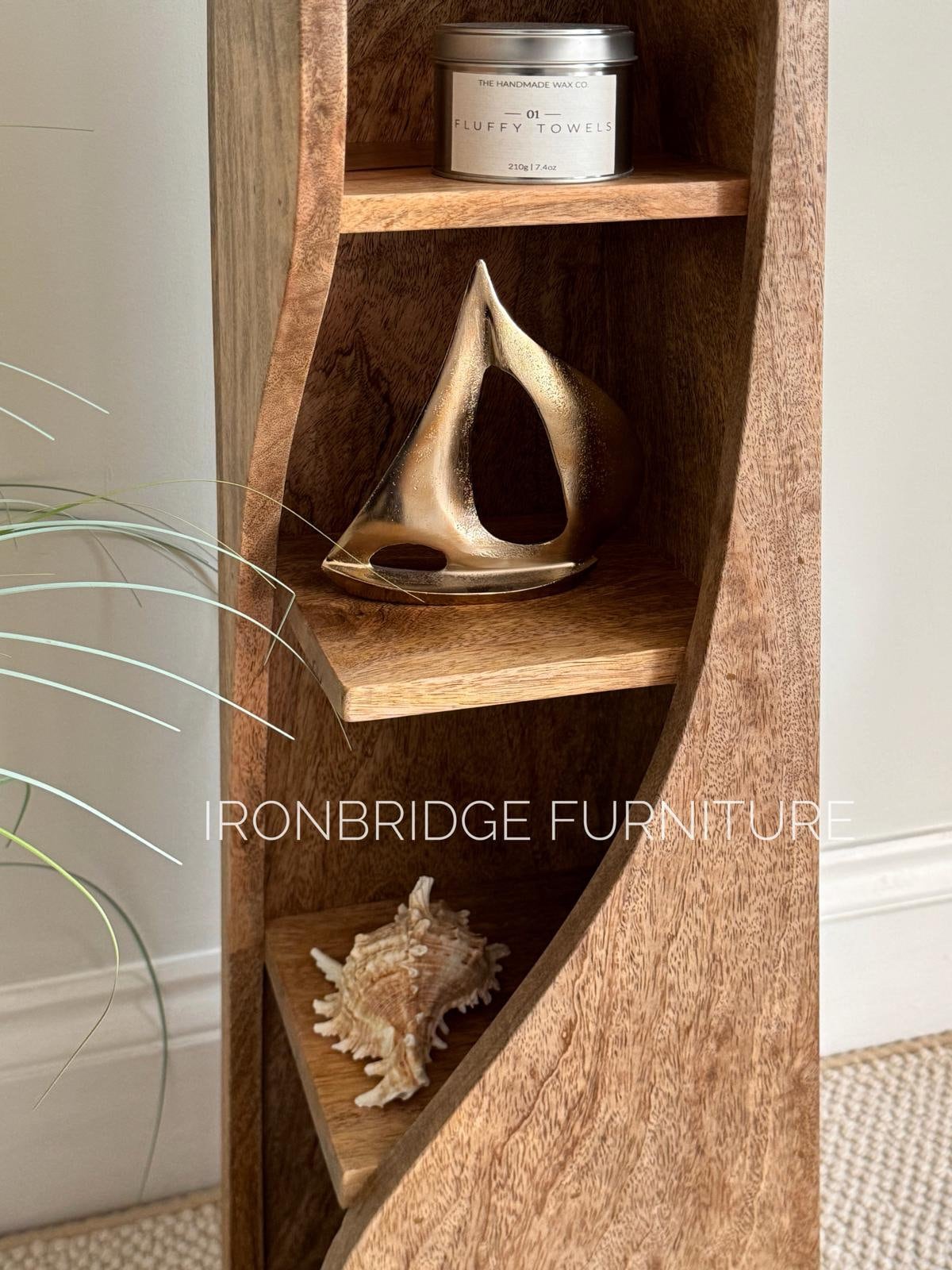Slim Twisted Mango Wood Bookcase. Close up.