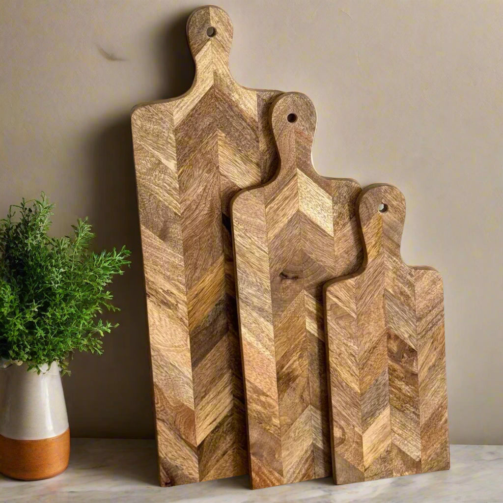 Parquet design food presentation boards. Mango wood. 3 sizes available