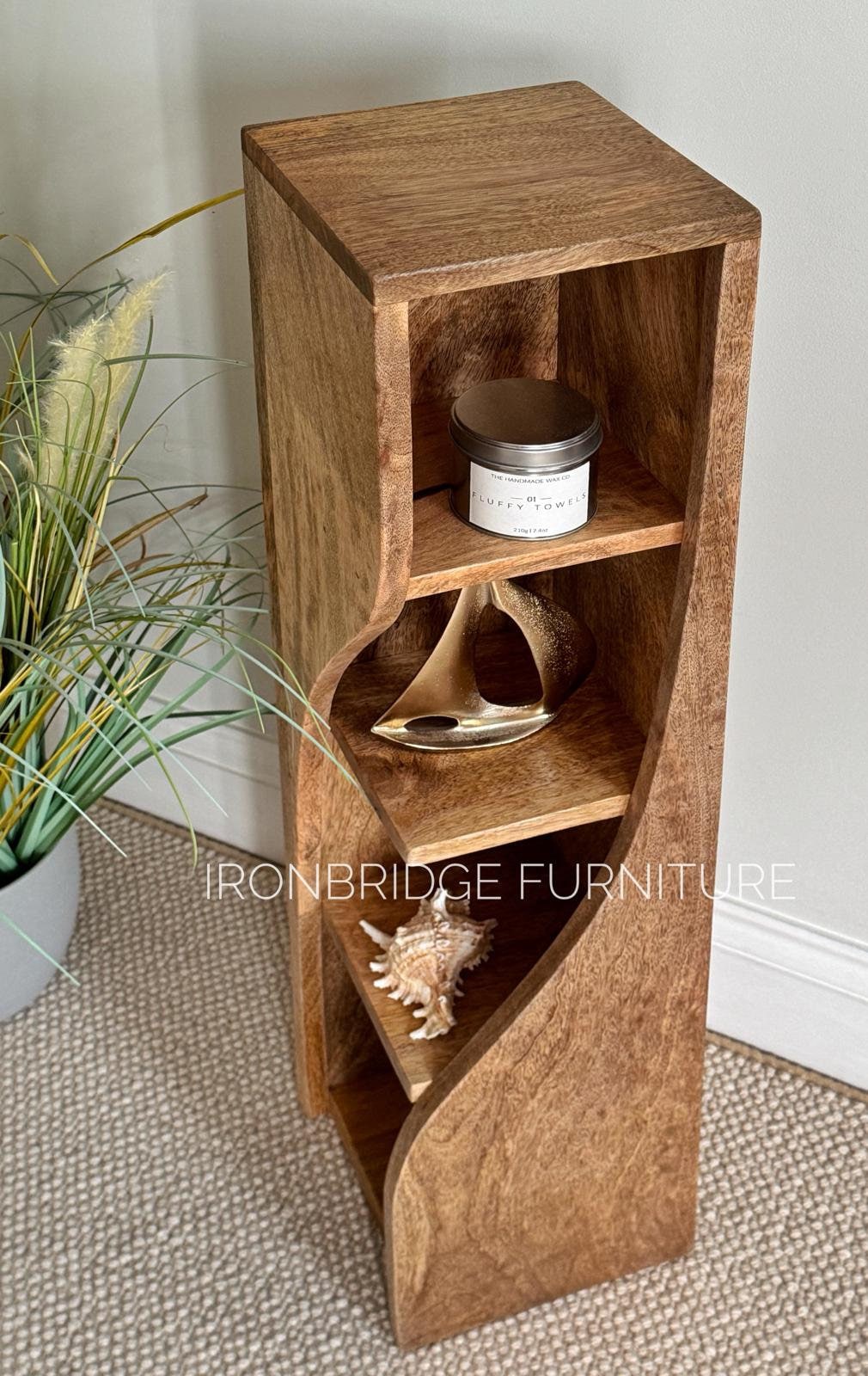 Slim Twisted Mango Wood Bookcase. View from above.
