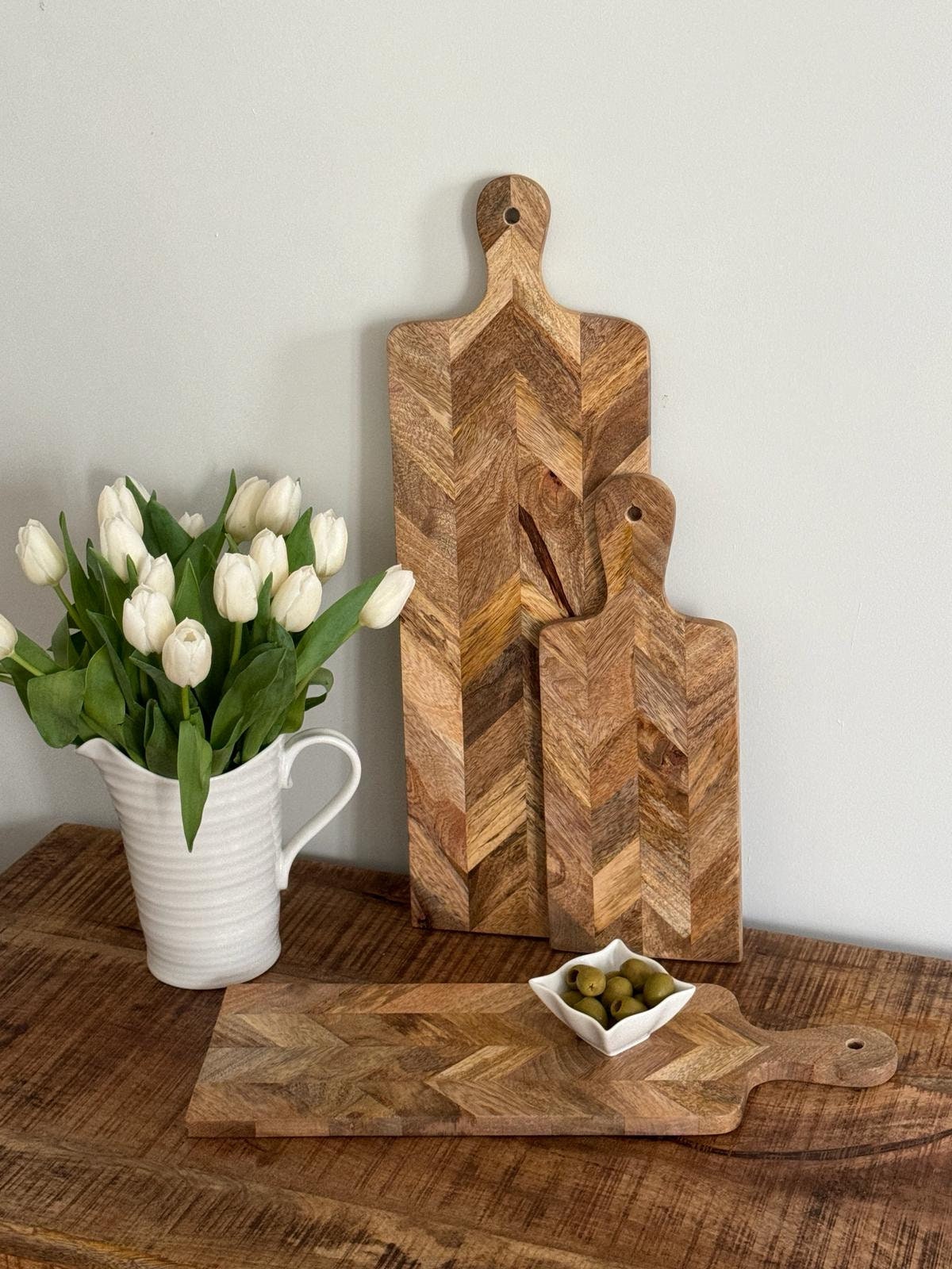 Parquet design food presentation boards. Mango wood. 3 sizes available