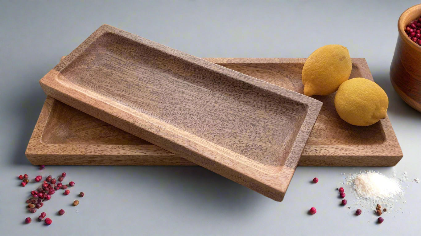 Slim Mango wood condiment tray. Two trays shown.