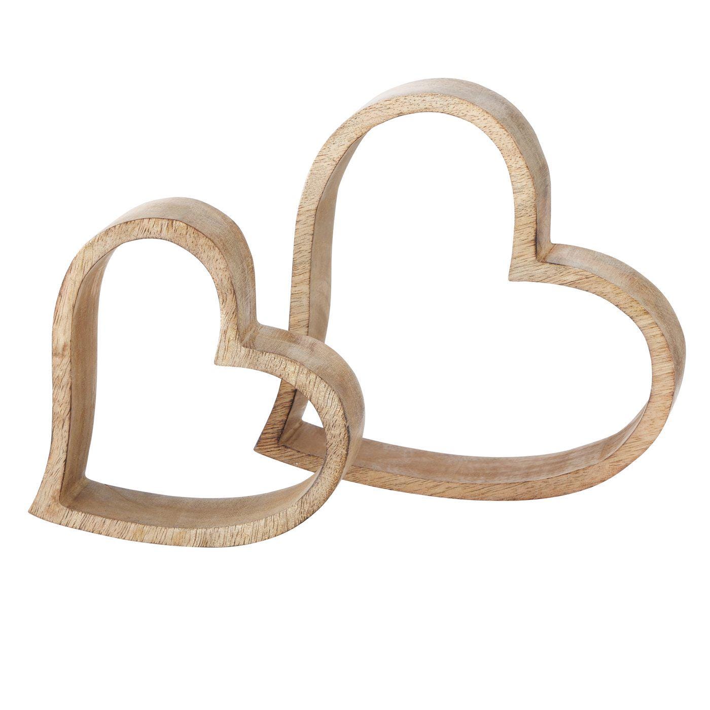 Set of 2 Rustic rough cut Mango wood hearts on a white background