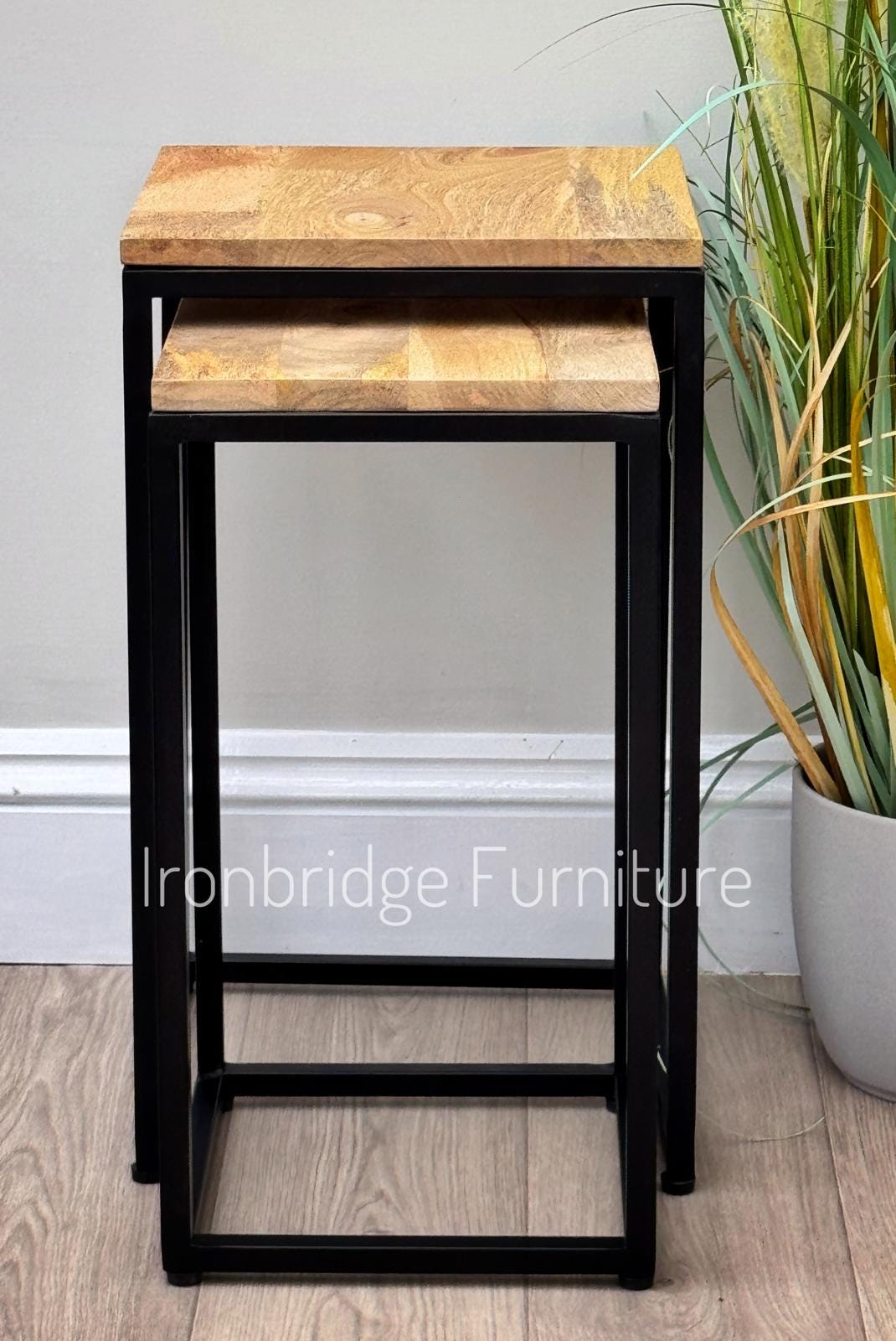 IMANT-004 Nest of 2 slim square side tables or plant stools - Mango wood from the front