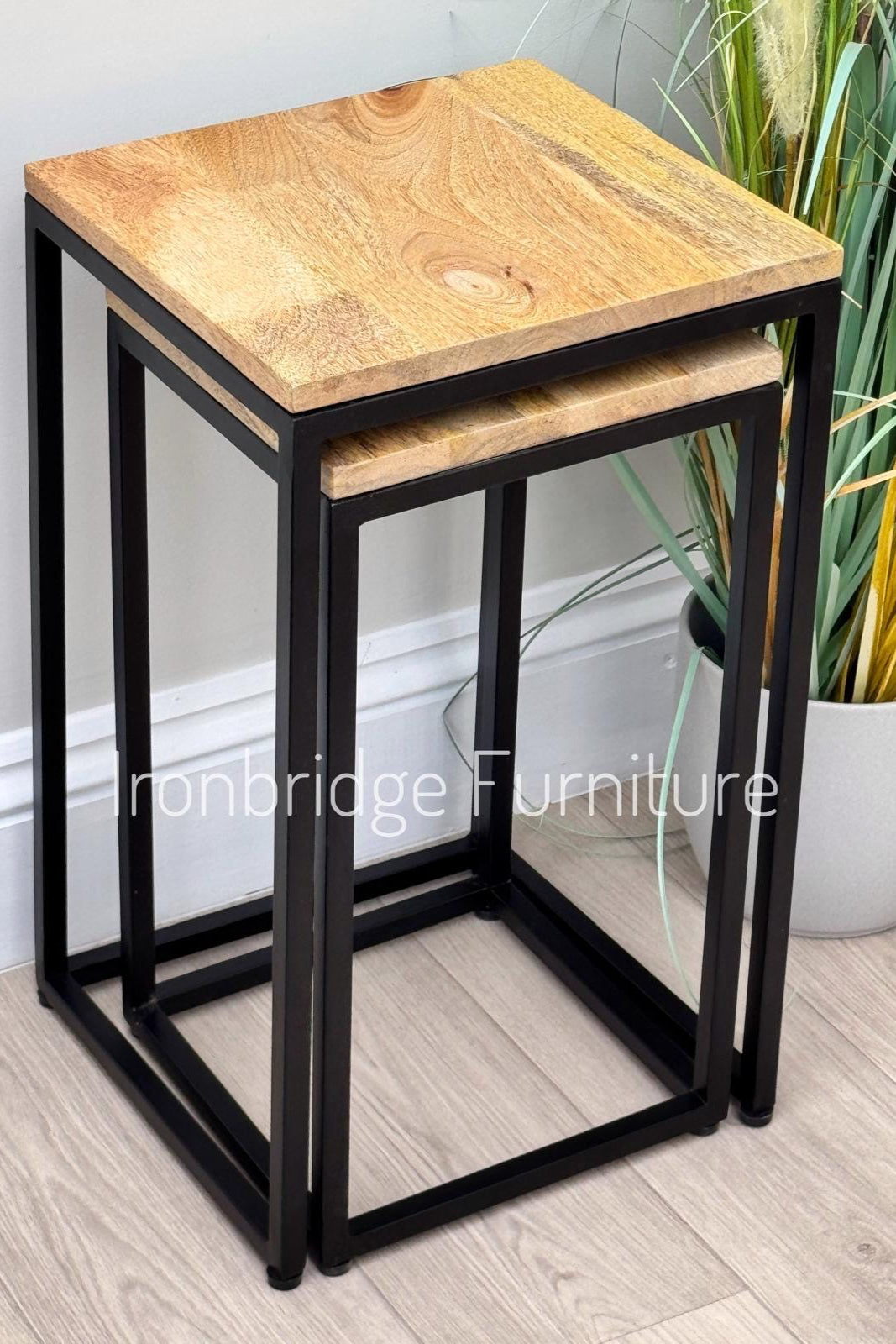 IMANT-004 Nest of 2 slim square side tables or plant stools - Mango wood, from the top