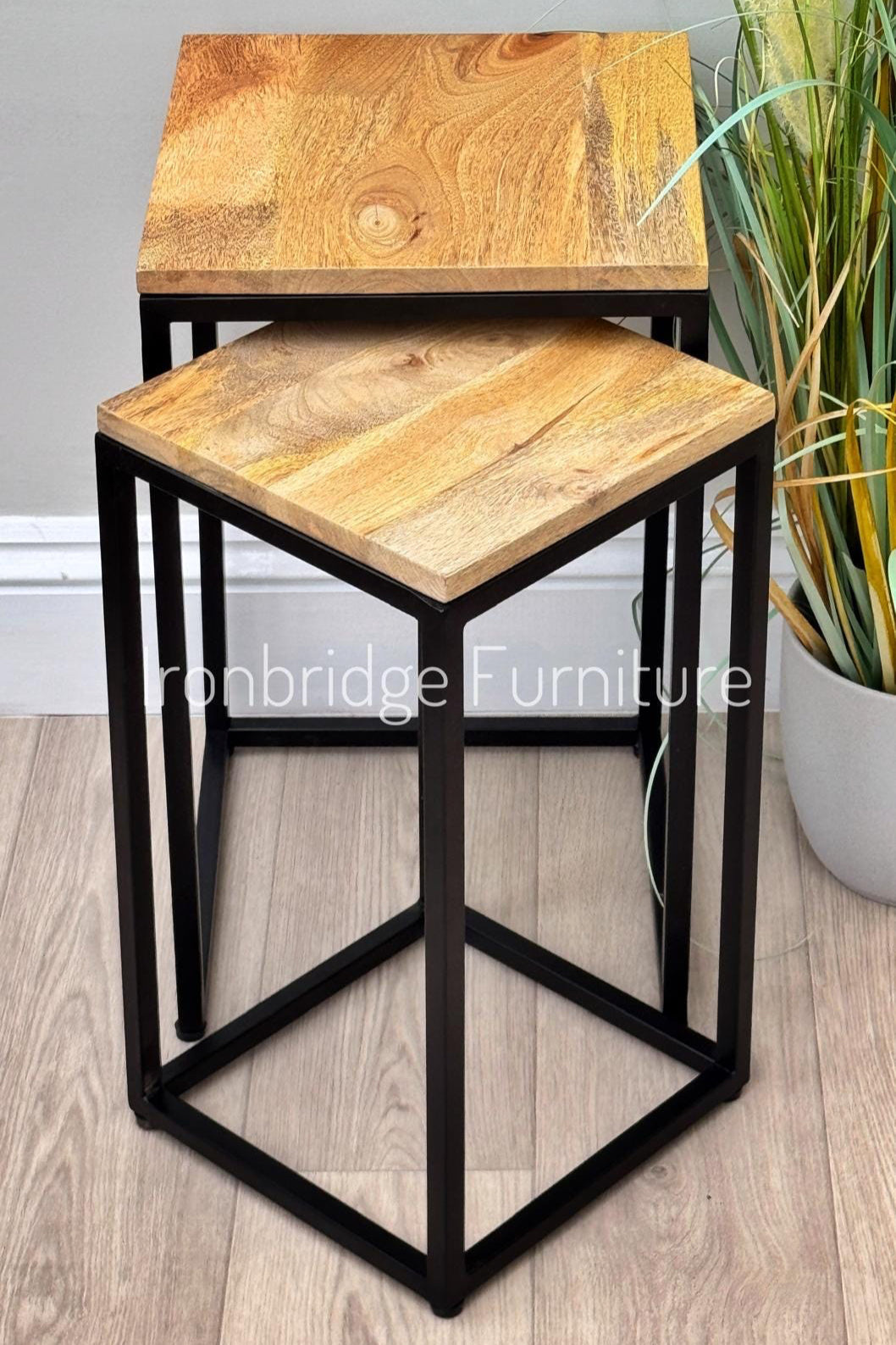 IMANT-004 Nest of 2 slim square side tables or plant stools - Mango wood with small table pulled out