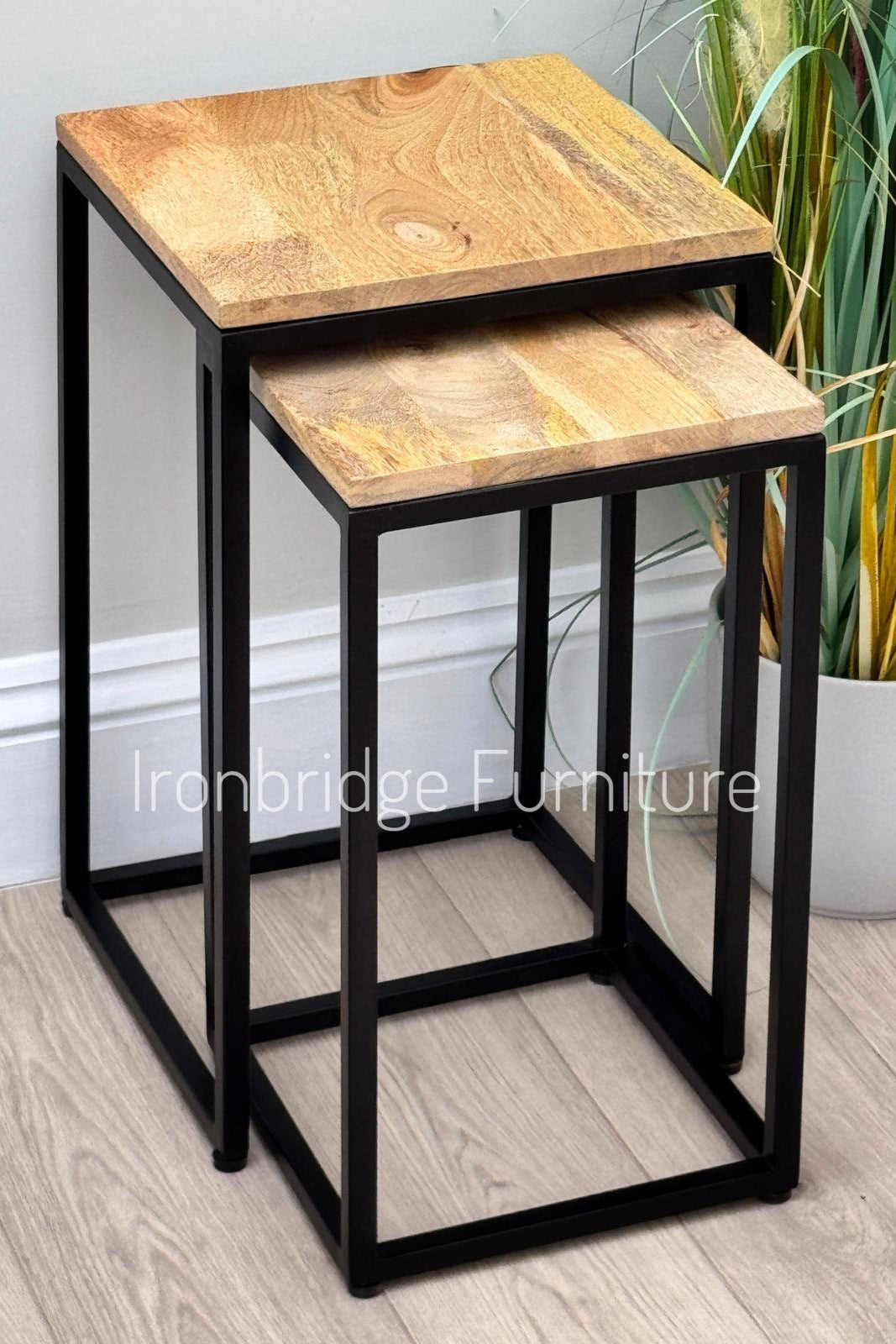 IMANT-004 Nest of 2 slim square side tables or plant stools - Mango wood at an angle