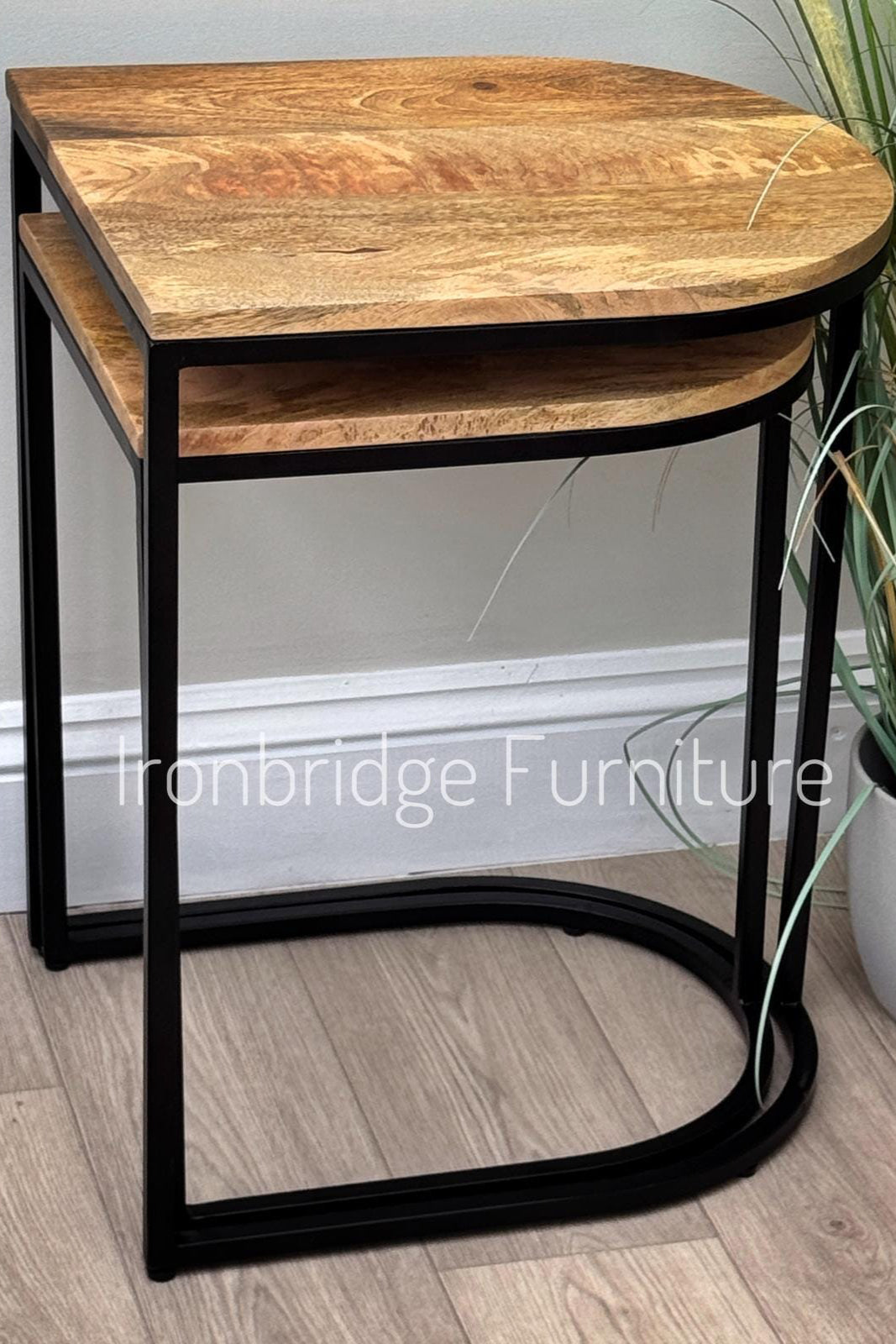 IMANT-003 Nest of 2 half round side tables. Mango wood from the side
