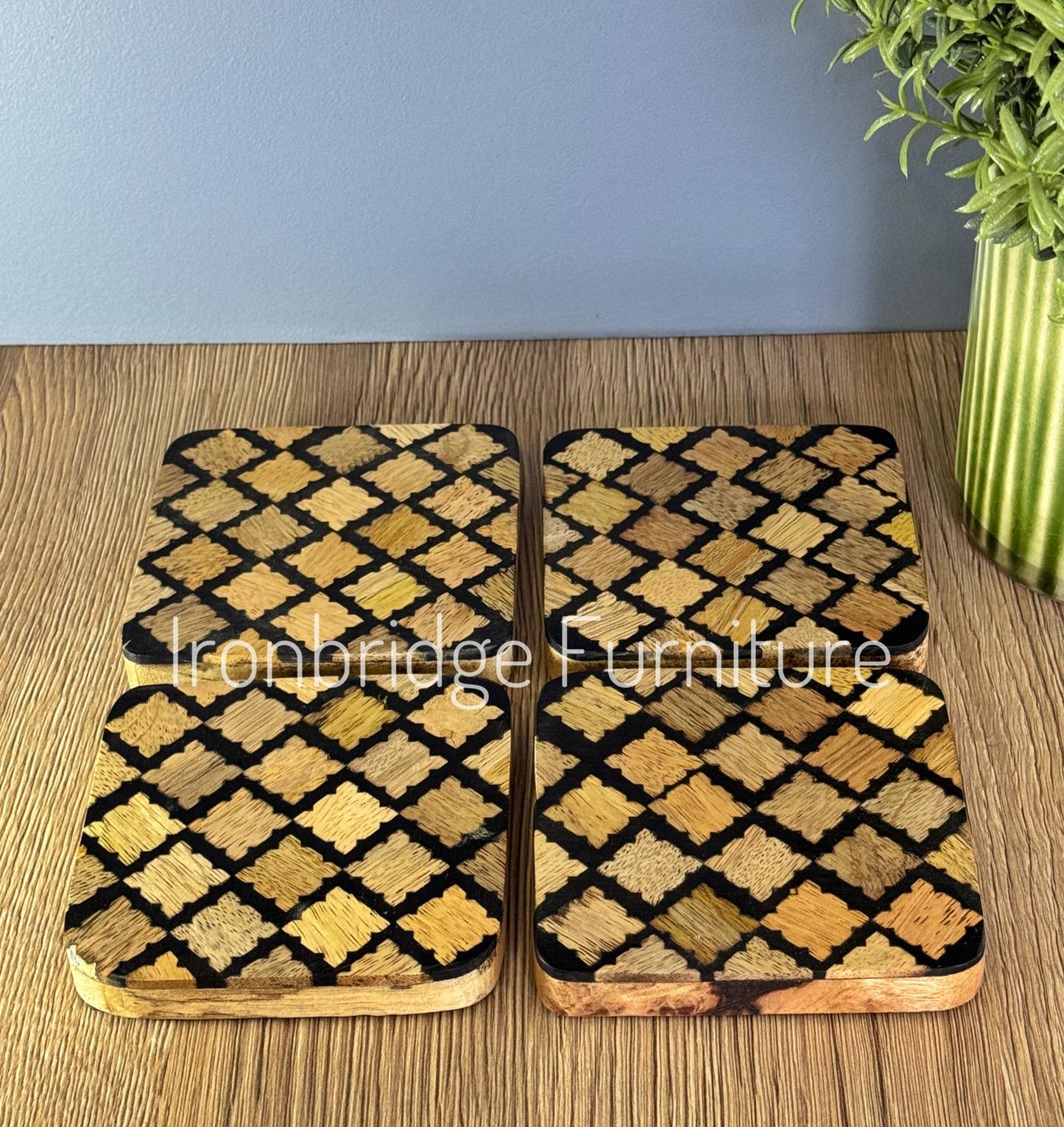 Set of 4 resin coasters with Mango wood inlay and base. 4 coasters together.