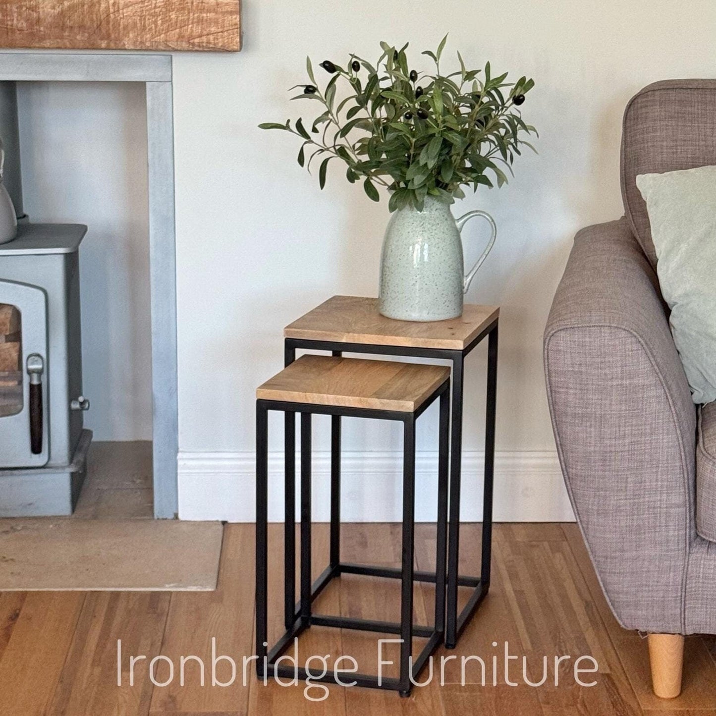 IMANT-004 Nest of 2 slim square side tables or plant stools - Mango wood