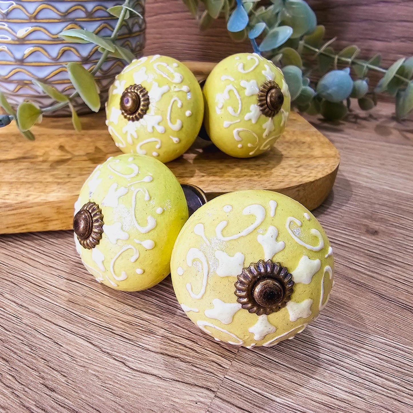 Set of 4 hand painted ceramic knob handles. 6 neutral colour designs. Design D