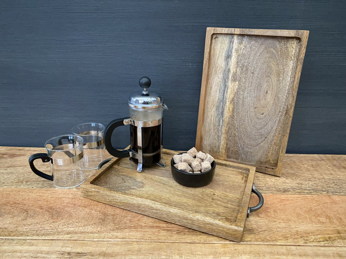 Mango wood mini tray with iron handles with coffee and cups