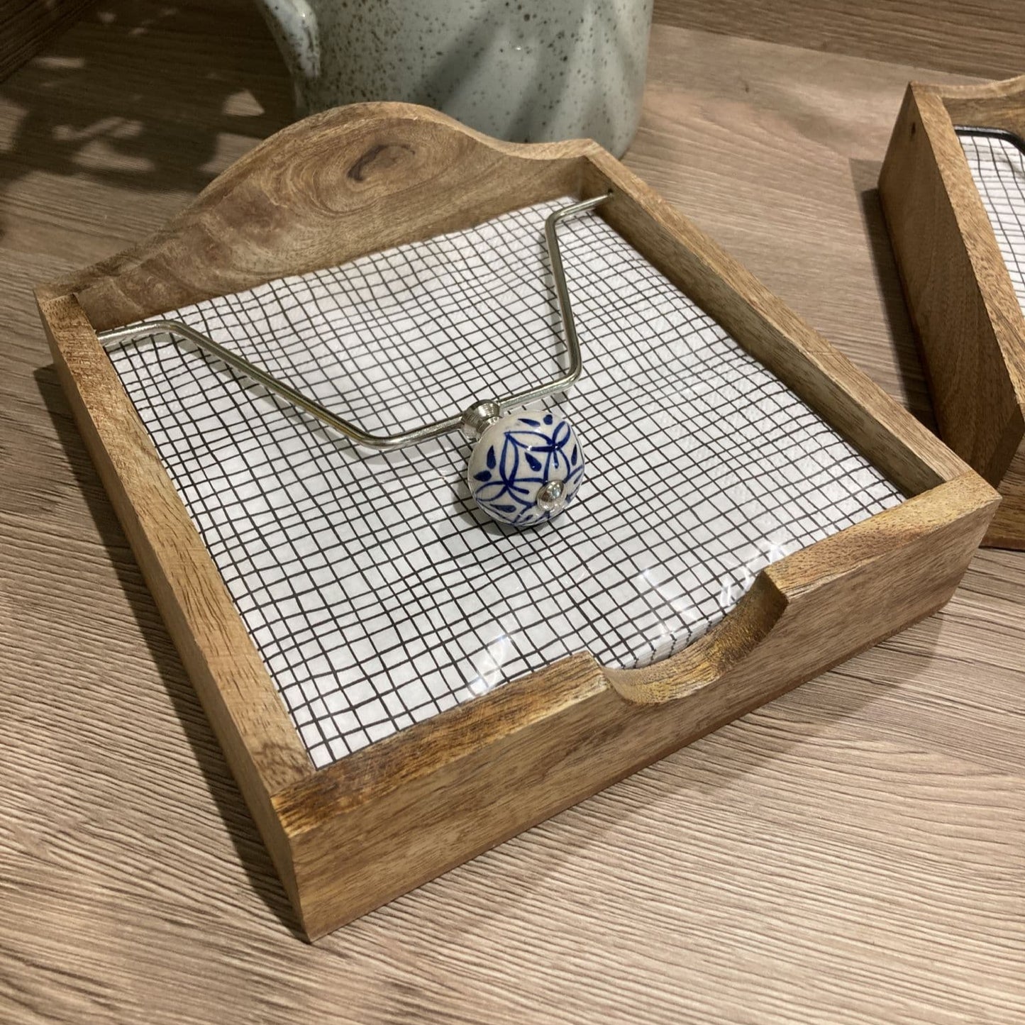 Mango wood napkin holder with ceramic knob weight - with chequered napkins