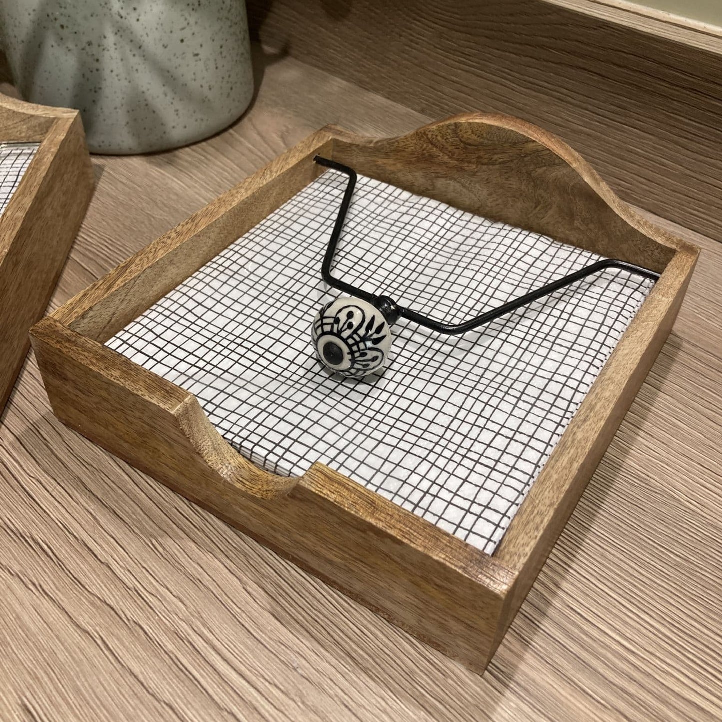 Mango wood napkin holder with ceramic knob weight - closed with napkins