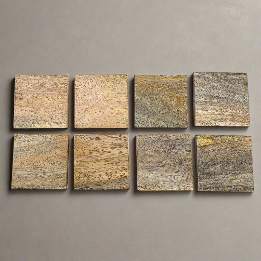 Eight square tiles with different wood grain patterns