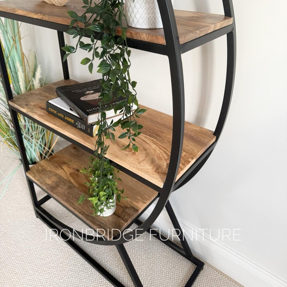 Beautiful pair of rounded metal and Mango wood room dividers close up