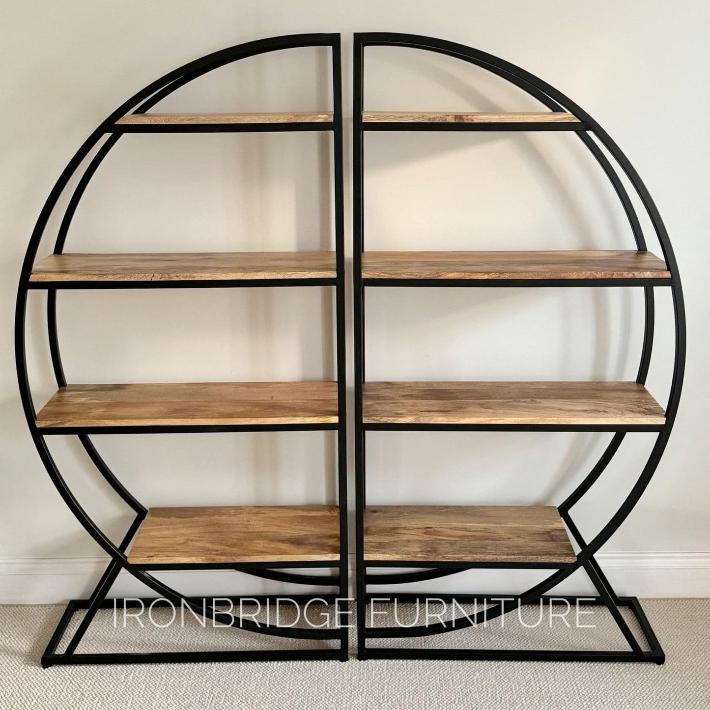 Beautiful pair of rounded metal and Mango wood room dividers with clear shelves
