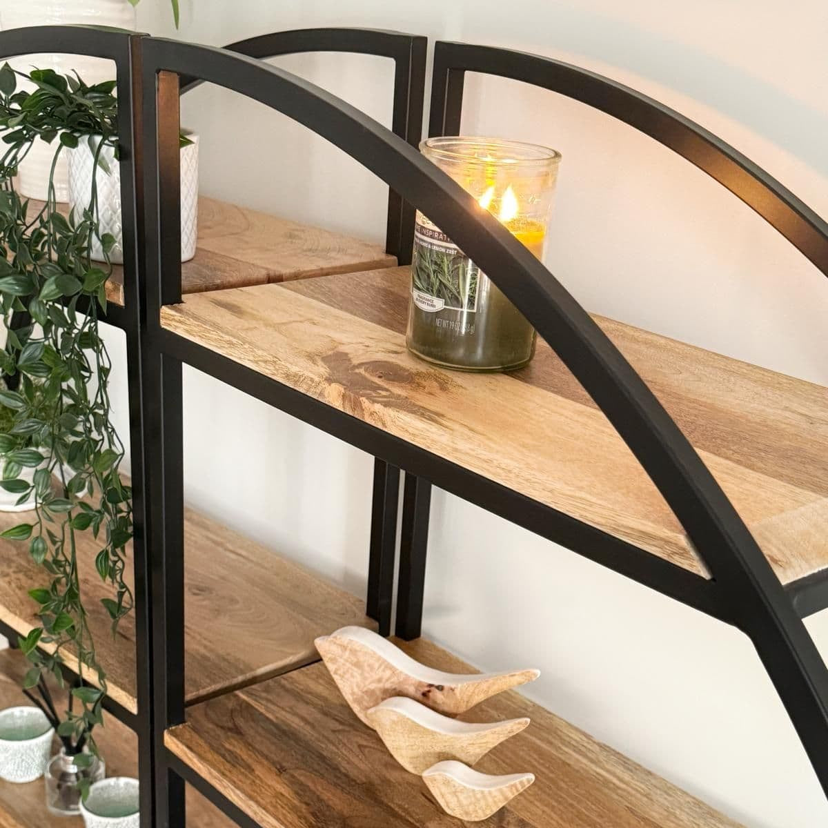 Beautiful pair of rounded metal and Mango wood room dividers close up of top shelf