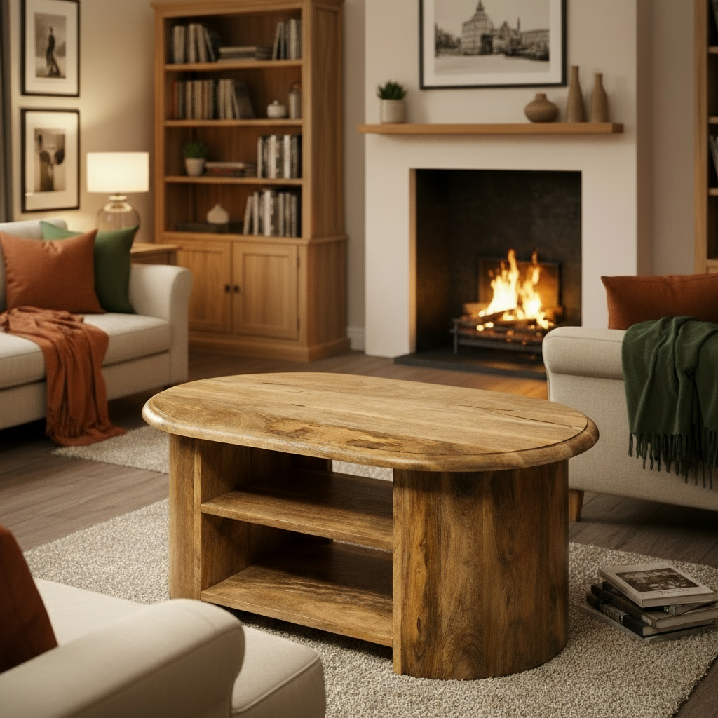 Wooden coffee table with a plant on top against a stone wall.