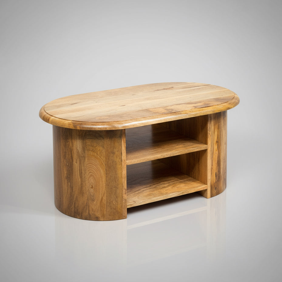 Wooden coffee table with a plant against a stone wall background