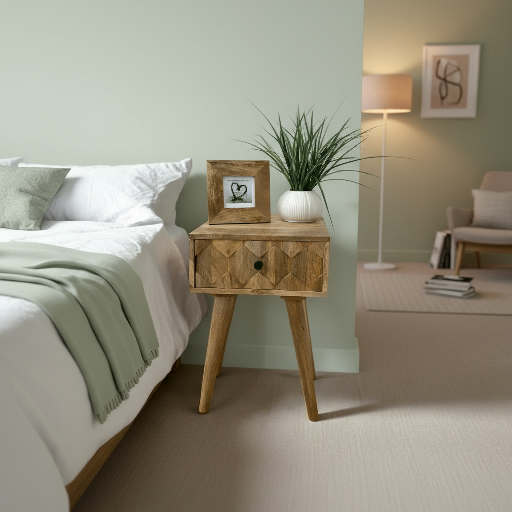 Wooden side table with geometric pattern, framed picture, and plant on a wooden floor.