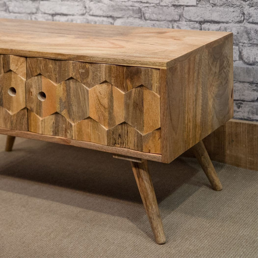 Patterned front TV stand angle close up