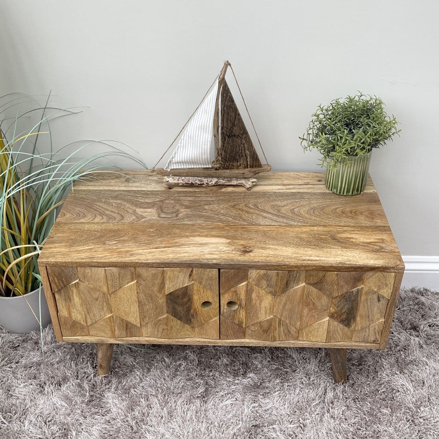 Patterned front TV stand top close up