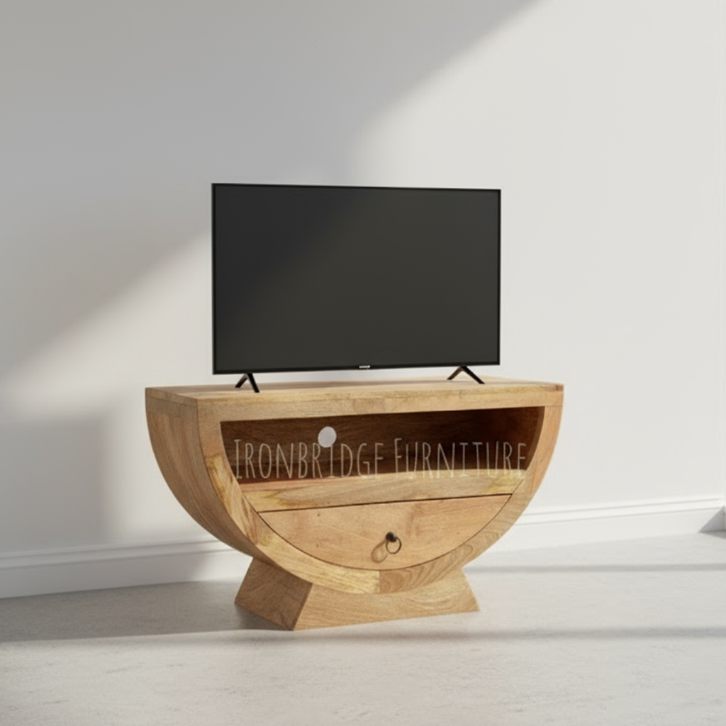 Mango wood half moon shaper TV small sideboard in a room setting at an angle