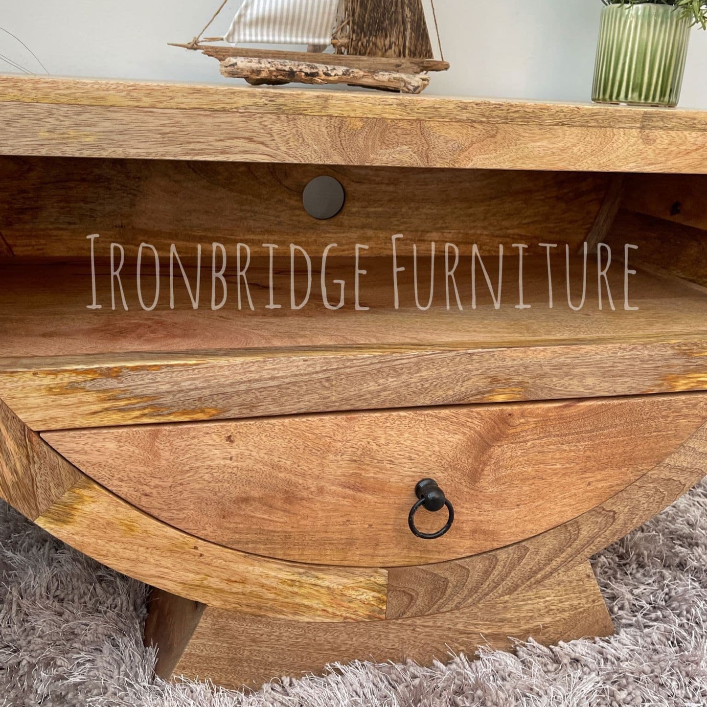 Mango wood half moon shaper TV small sideboard close up