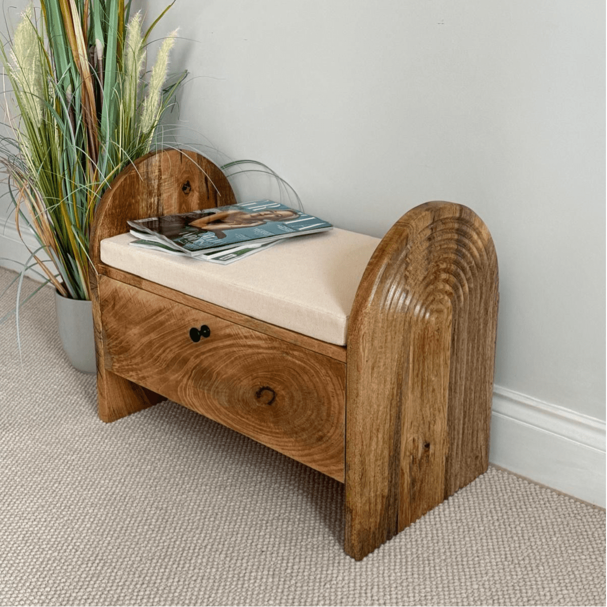 MANT-403 Etched Mango wood shoe storage bench - 64cm wide