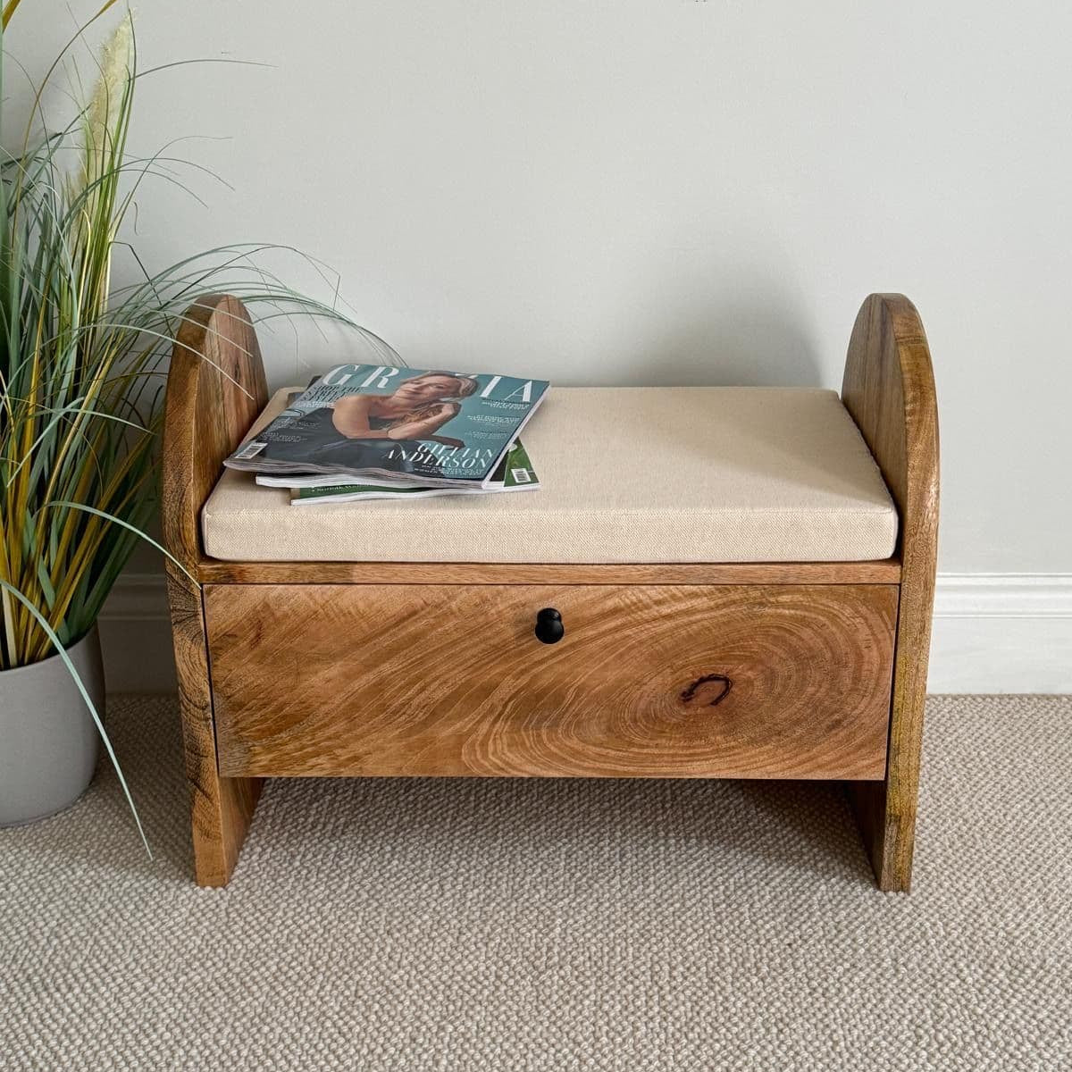MANT-403 Etched Mango wood shoe storage bench - 64cm wide