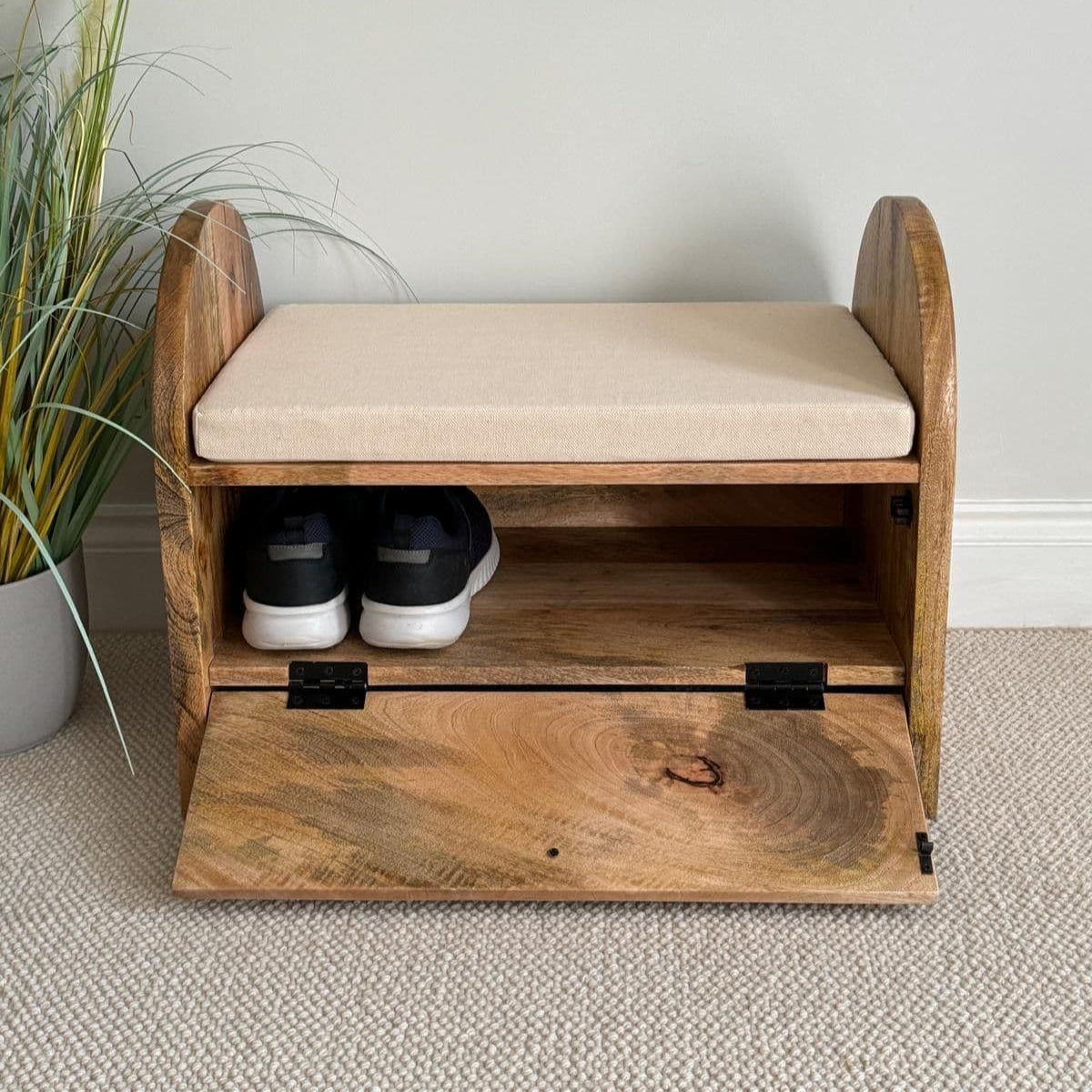 MANT-403 Etched Mango wood shoe storage bench - 64cm wide