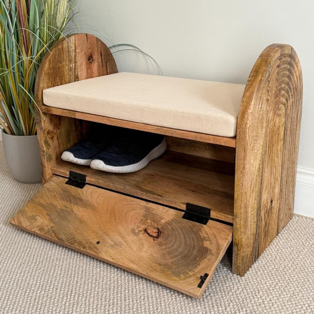MANT-403 Etched Mango wood shoe storage bench - 64cm wide