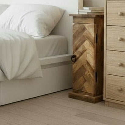 MANT-521 Parquet slim cabinet with 1 door in Mango wood angle view