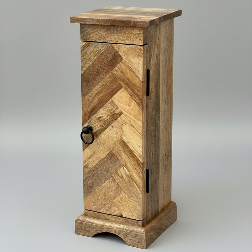 MANT-521 Parquet slim cabinet with 1 door in Mango wood from an angle
