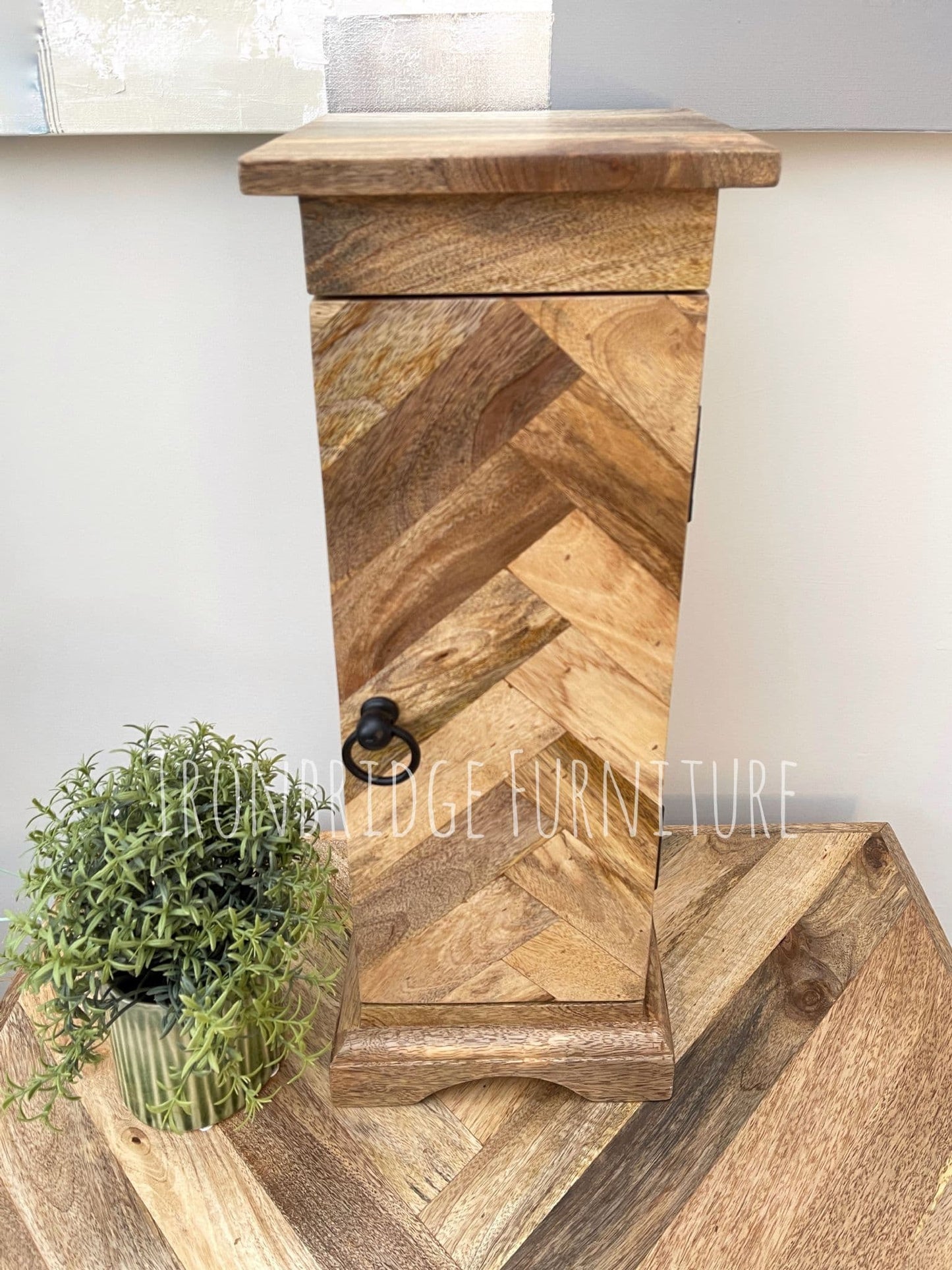 MANT-521 Parquet slim cabinet with 1 door in Mango wood close up
